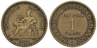 Франция 1 франк 1921 тип Chambres de Commerce KM 876, Le Franc 218.3 алюминиевая бронза 4128-252