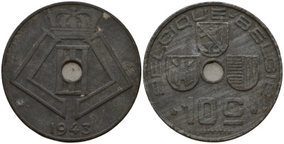 Бельгия 10 сантимов 1943 Belgique - Belgie, Леопольд III (1934-1947), германская оккупация, Вторая мировая война KM 125 цинк 4161-325