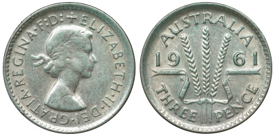 Австралия 3 пенса 1961 m, Елизавета II (1952-2022) KM 57 серебро 71-725