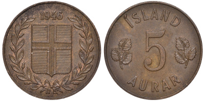 Исландия 5 эйре 1946 KM 9 бронза 4606-554