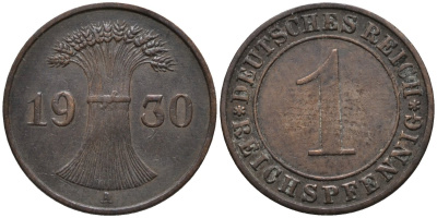 Германия 1 рейхспфенниг 1930 A KM 37 бронза 44-1249