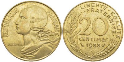 ФРАНЦИЯ 20 САНТИМОВ 1988 ТИП MARIANNE KM 930, LE FRANC 156.28 медь алюминий никель 175-857