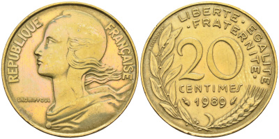 Франция 20 сантимов 1989 тип Marianne KM 930 медь алюминий никель    4177-136