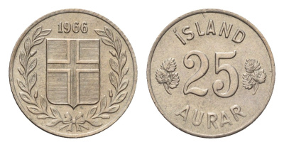 Исландия 25 эйре 1966 KM 11 медно-никель UNC 4690-641
