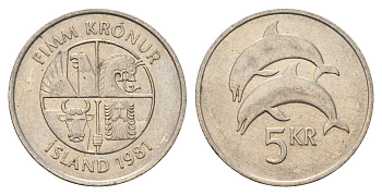 Исландия 5 крон 1981 дельфины KM 28 медно-никель 4591-853