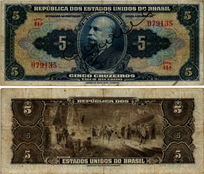 БРАЗИЛИЯ 5 КРУЗЕЙРО 1943 СЕРИЯ 44А, БАРАО ДО РИО БРАНКО, РУКОПИСНАЯ ПОДПИСЬ Pick 134 бумага 6281-55-3-1