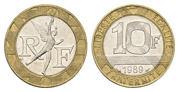 Франция 10 франков 1989 тип гений Бастилии KM 964.1, Le Franc 375.3 биметалл 4704-513