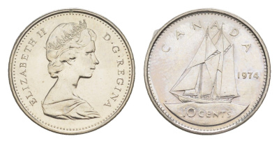 Канада 10 центов 1974 Елизавета II (1952-2022), парусник KM 77 никель PROOF-LIKE (BU) 4630-963