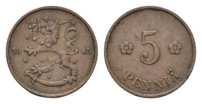Финляндия 5 пенни 1935 KM 22 медь 4684-168