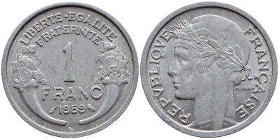 ФРАНЦИЯ 1 ФРАНК 1959 ТИП MORLON, LEGERE KM 885a.1, LE FRANC 221.23 алюминий 4397-716