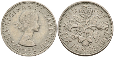 Великобритания 6 пенсов 1965 Елизавета II (1952-2022) KM 889, Spink 4141 медно-никель 4152-416