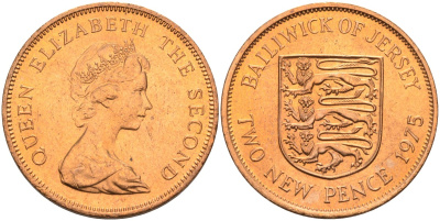 Джерси 2 пенса 1975 герб, Елизавета II (1952-2022) KM 31 бронза UNC 4367-442