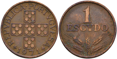 Португалия 1 эскудо 1971  KM 597 бронза    4153-136