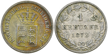 Вюртемберг 1 крейцер 1872 Карл I (1864-1891) KM 612, Jaeger 82, AKS 128 серебро 99-821