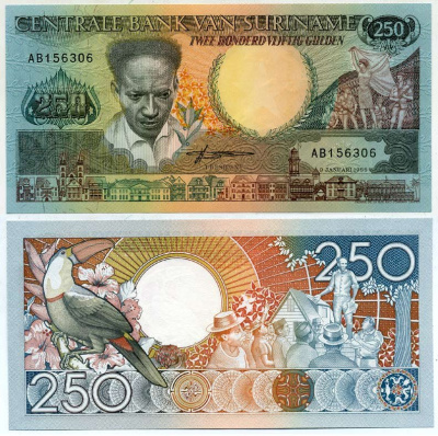 Суринам 250 гульденов 1988 Антон де Ком, тукан на ветке Pick 134 бумага UNC (пресс) 444-78-1