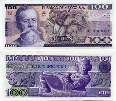 МЕКСИКА 100 ПЕСО 1982 25 МАЯ 1982, СЕРИЯ VK, ВЕННУСТИАНО КАРРАНСА Pick 74c бумага UNC (ПРЕСС) 6289-9-1-2