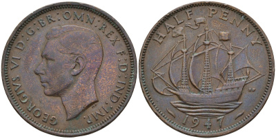 Великобритания 1/2 пенни 1947 Георг VI (1936-1952) KM 844, Spink 4115 бронза 4143-633