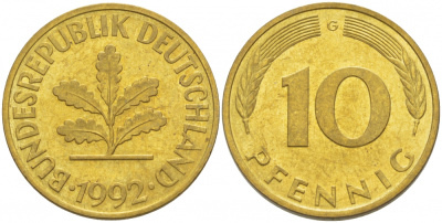 ФРГ 10 ПФЕННИГОВ 1992 J KM 108, J.383 сталь плакированная латунью 3718-844