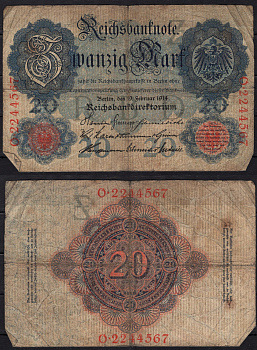 Германия 20 марок 1914 Pick 46b бумага 8592-41-2-1