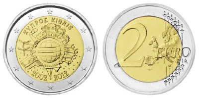 Кипр 2 евро 2012 10 лет монетарной политике и наличному евро KM 97 биметалл UNC M11-10