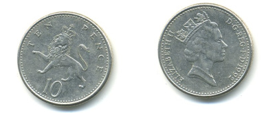 Великобритания 10 пенсов 1992 Елизавета II (1952-2022) KM 938b, Spink 4367 (F4) медно-никель 59-532