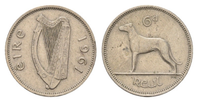 Ирландия 6 пенсов 1961 собака, ирландский волкодав KM 13a медно-никель 4690-336