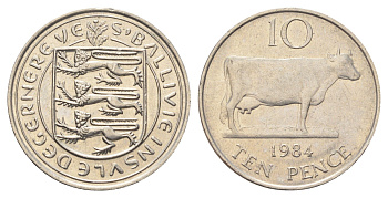 Гернси 10 пенсов 1984 Гернсийская корова KM 30 медно-никель 4692-1014