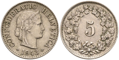 Швейцария 5 раппенов 1943 В KM 26 медно-никель 4594-613
