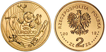Польша 2 злотых 2012 MW, чемпионат Европы по футболу, евро 2012, УЕФА, Польша-Украина KM 823 нордик UNC M73-15