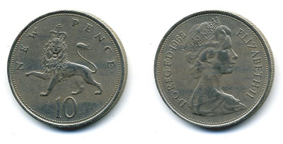 Великобритания 10 пенсов 1968 Елизавета II (1952-2022) KM 912, Spink 4231 (F1) медно-никель  4110-1116
