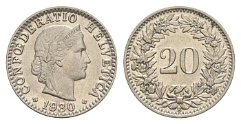 Швейцария 20 раппенов 1930 B KM 29 никель 4625-932