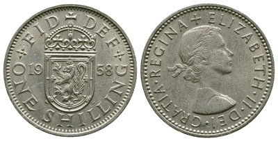 Великобритания 1 шиллинг 1958 Елизавета II (1952-2022), Шотландский герб KM 905, Spink 4148 медно-никель 4384-642