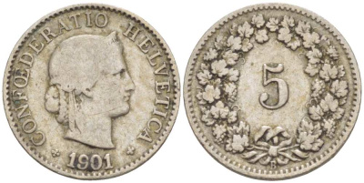 ШВЕЙЦАРИЯ 5 РАППЕНОВ 1901 В KM 26 медно-никель 3955-1122