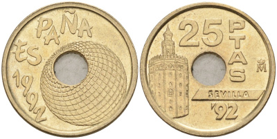 Испания 25 песет 1992 золотая башня в Севилье, EXPO 1992, Хуан Карлос I (1975-2014) KM 905 никель-бронза 4582-632
