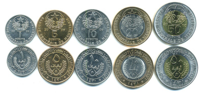 МАВРИТАНИЯ ЛОТ ИЗ 5 МОНЕТ 2009-2010 (1, 5, 10, 20, 50 ОУГУЙА), ДВЕ МОНЕТЫ БИМЕТАЛЛ UNC 00-00