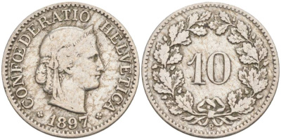 ШВЕЙЦАРИЯ 10 РАППЕНОВ 1897 В KM 27 медно-никель 4181-1228