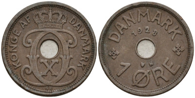 Дания 1 эре 1928 Кристиан X (1912-1947) KM 826 бронза 4147-419