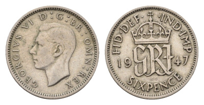 Великобритания 6 пенсов 1947 Георг VI (1936-1952) KM 862, Spink 4105 медно-никель 4674-657