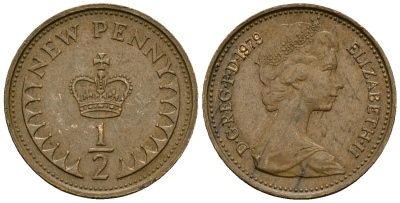 Великобритания 1/2 пенни 1979 Елизавета II (1952-2022) KM 914, Spink 4239 бронза 4136-1143