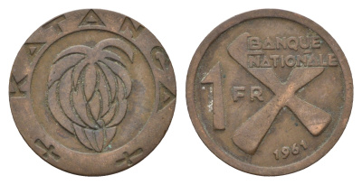 Катанга 1 франк 1961 Заир, балубский крест, связка бананов KM 1 бронза 36-413