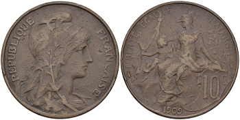 Франция 10 сантимов 1909 тип Дюпюи KM 843, LA FRANC 136.19 бронза 3460-226
