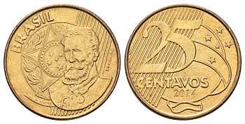 Бразилия 25 сентаво 2014 KM 650 сталь плакированная латунью UNC 4666-143