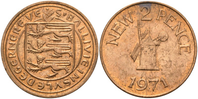 Гернси 2 пенса 1971 Елизавета II (1952-2022), ветряная мельница KM 22 бронза 4153-711