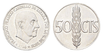 Испания 50 сентимо 1966 (68) Франсиско Франко (1939-1975) KM 795 алюминий aUNC 4705-1024