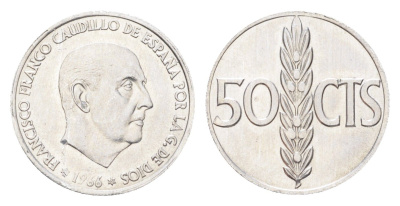 Испания 50 сентимо 1966 (68) Франсиско Франко (1939-1975) KM 795 алюминий aUNC 4705-1024