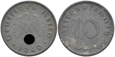 ГЕРМАНИЯ 10 РЕЙХСПФЕННИГОВ 1940 A KM 101, J. 371 цинк 4401-911