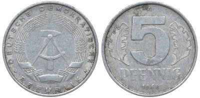 ГДР 5 пфеннигов 1968 A KM 9.1 алюминий 62-224