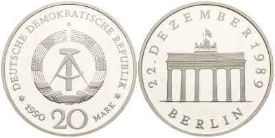 ГДР 20 марок 1990 A, Бранденбургские Ворота в Берлине KM 139a серебро PROOF 11-162-41
