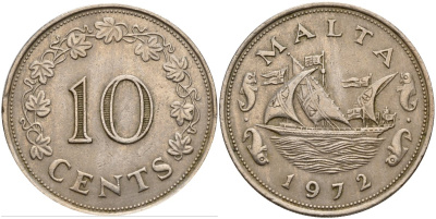 Мальта 10 центов 1972 баржа Великого магистра KM 11 медно-никель 4179-1321