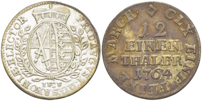 САКСОНИЯ 1/12 ТАЛЕРА 1764 IFoF, ФРИДРИХ АВГУСТ III (1763-1806) KM 956 (C100) серебро 210-221